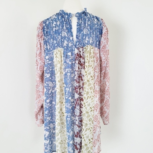 Free People Merrie Mix Floral Print Smocked Chiffon Tunic Rouched Blouse Lilac - Picture 10 of 16